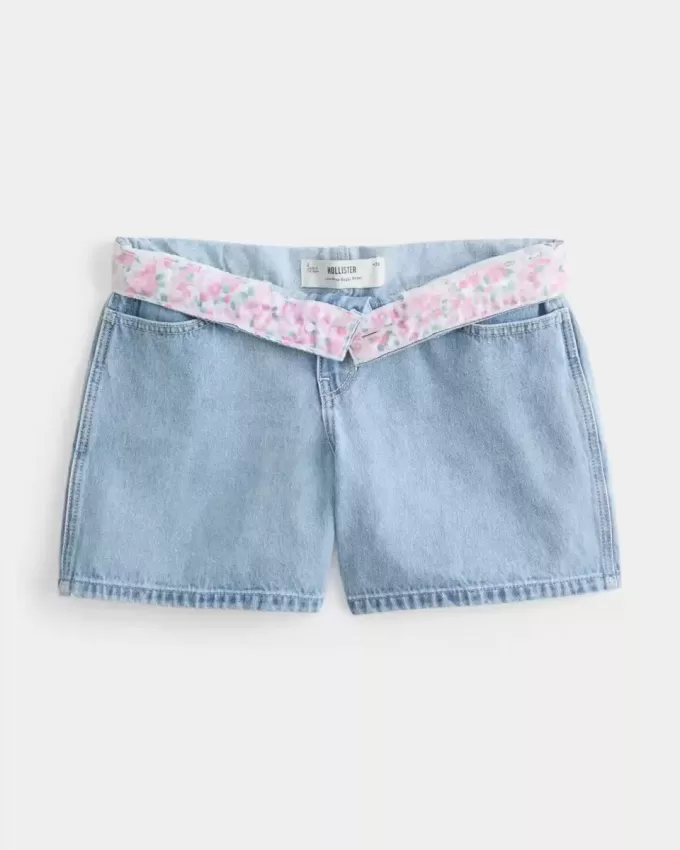 Pantaloni scurți largi din denim cu talie joasă, spalare medie, 5 inchi Pantaloni scurți largi din denim cu talie joasă, spalare medie, 5 inchi