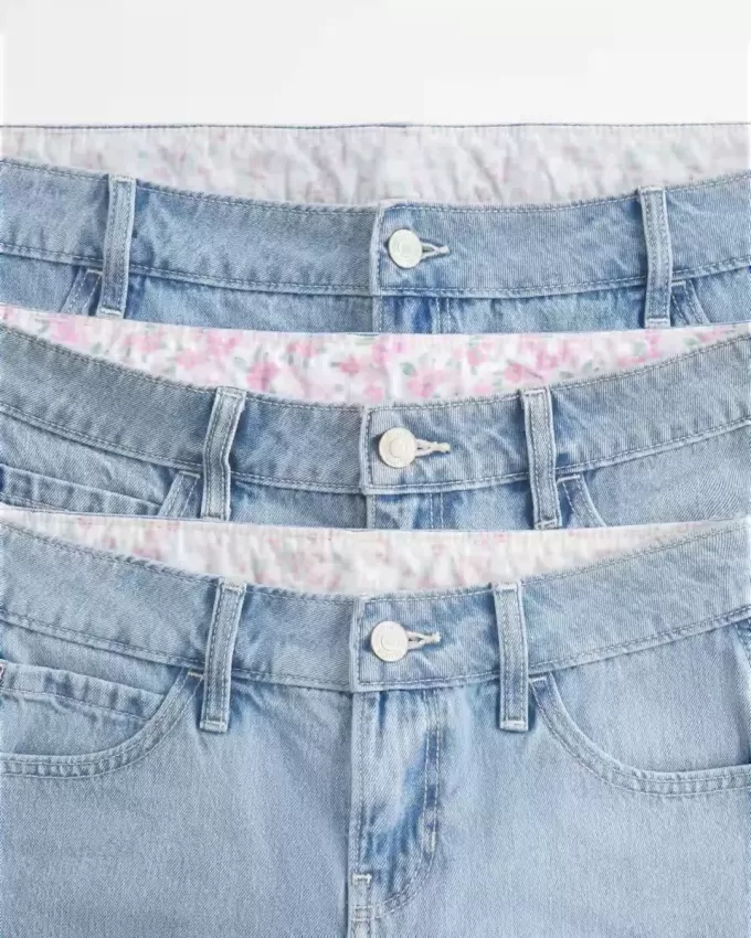 Pantaloni scurți largi din denim cu talie joasă, spalare medie, 5 inchi Pantaloni scurți largi din denim cu talie joasă, spalare medie, 5 inchi