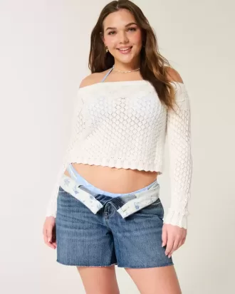 Pantaloni scurți largi din denim, cu talie joasă, spalat la culoare închisă, 5″
