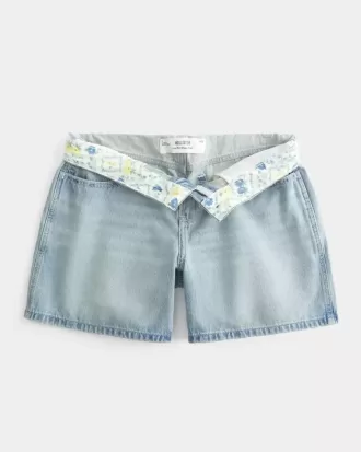 Pantaloni scurți largi din denim, cu talie mică, spălate ușoare, cu talie pliată, 5 inchi
