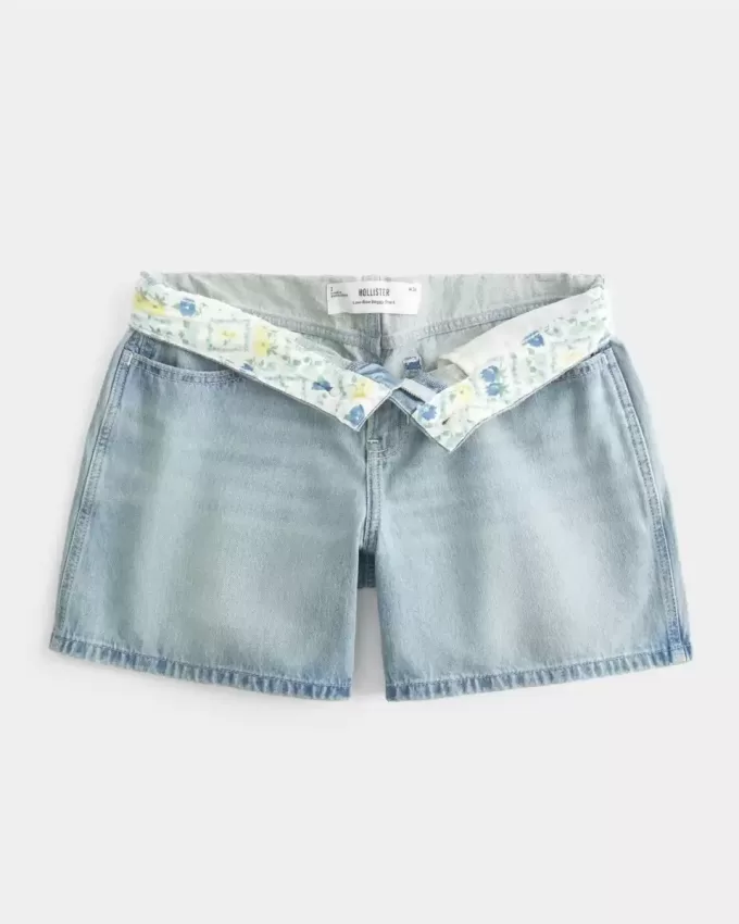 Pantaloni scurți largi din denim, cu talie mică, spălate ușoare, cu talie pliată, 5 inchi Pantaloni scurți largi din denim, cu talie mică, spălate ușoare, cu talie pliată, 5 inchi