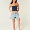 Pantaloni scurți largi din denim, cu talie mică, spălate ușoare, cu talie pliată, 5 inchi Pantaloni scurți largi din denim, cu talie mică, spălate ușoare, cu talie pliată, 5 inchi