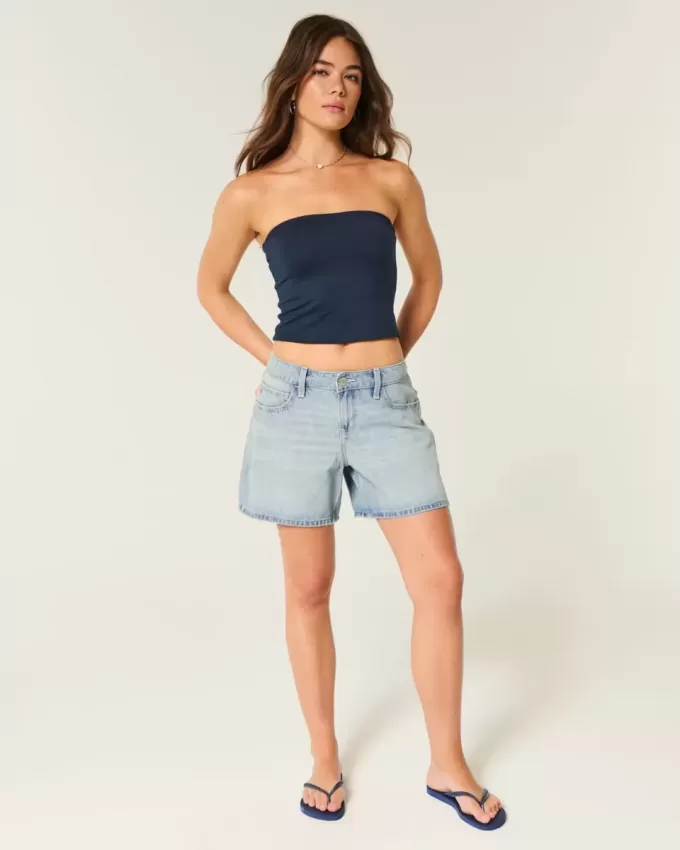 Pantaloni scurți largi din denim, cu talie mică, spălate ușoare, cu talie pliată, 5 inchi Pantaloni scurți largi din denim, cu talie mică, spălate ușoare, cu talie pliată, 5 inchi