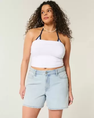 Pantaloni scurți largi din denim cu talie înaltă, spălat ușor, 5 inchi