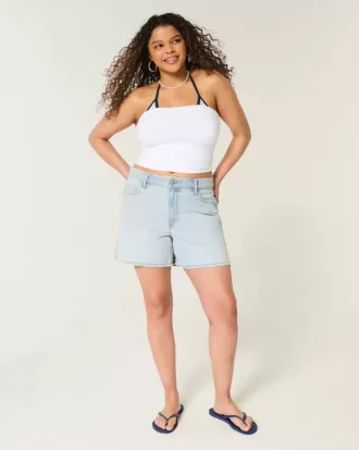 Pantaloni scurți largi din denim cu talie înaltă, spălat ușor, 5 inchi