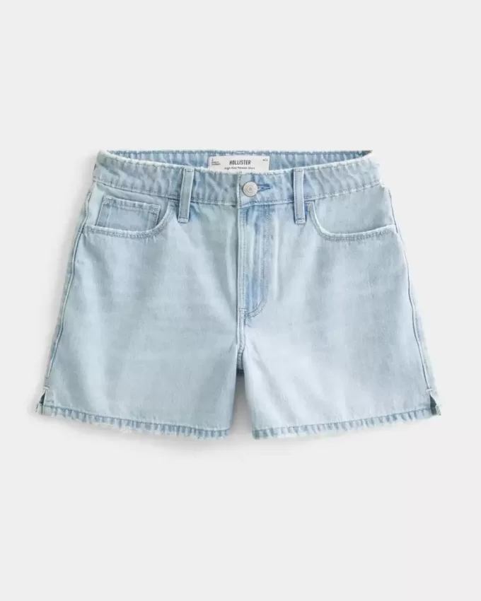 Pantaloni scurți largi din denim cu talie înaltă, spălat ușor, 5 inchi Pantaloni scurți largi din denim cu talie înaltă, spălat ușor, 5 inchi