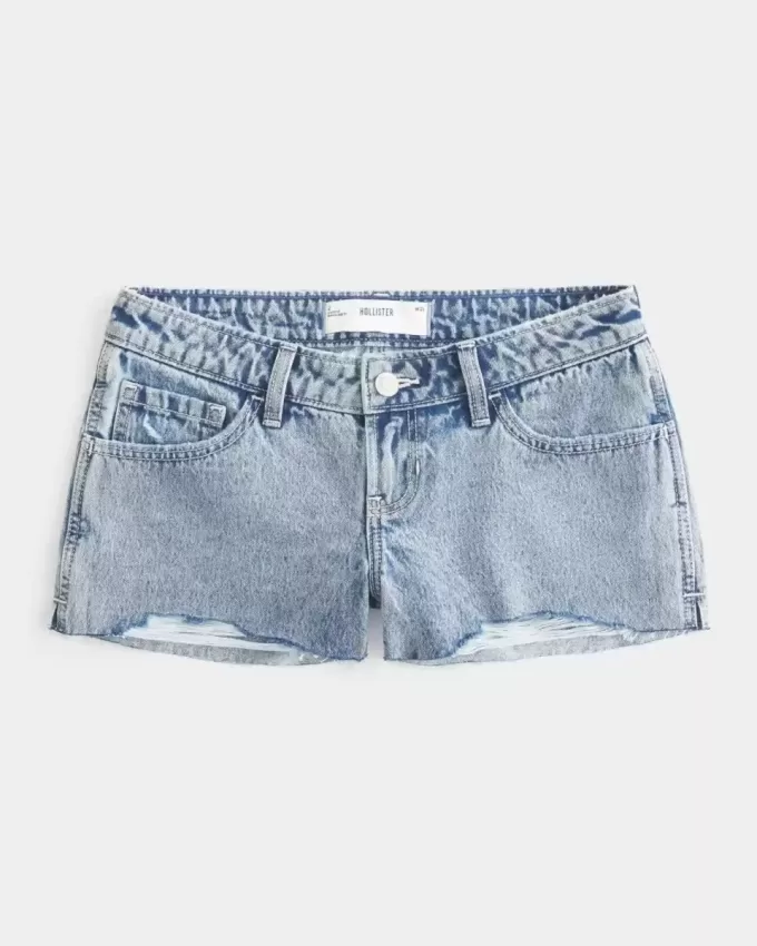 Pantaloni scurți mini din denim cu talie joasă, cu spalare ușoară Pantaloni scurți mini din denim cu talie joasă, cu spalare ușoară