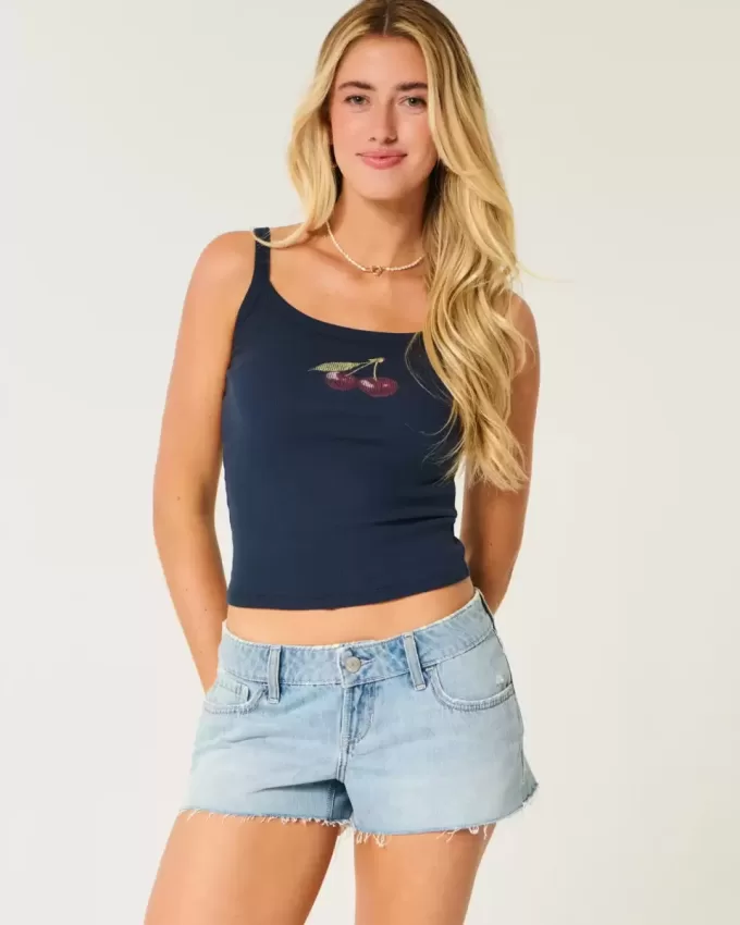 Pantaloni scurți mini din denim cu talie joasă, rupte, cu spalare medie Pantaloni scurți mini din denim cu talie joasă, rupte, cu spalare medie
