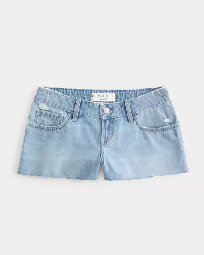 Pantaloni scurți mini din denim cu talie joasă, rupte, cu spalare medie Pantaloni scurți mini din denim cu talie joasă, rupte, cu spalare medie