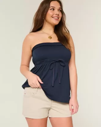 Pantaloni scurți mini din twill kaki cu talie foarte joasă