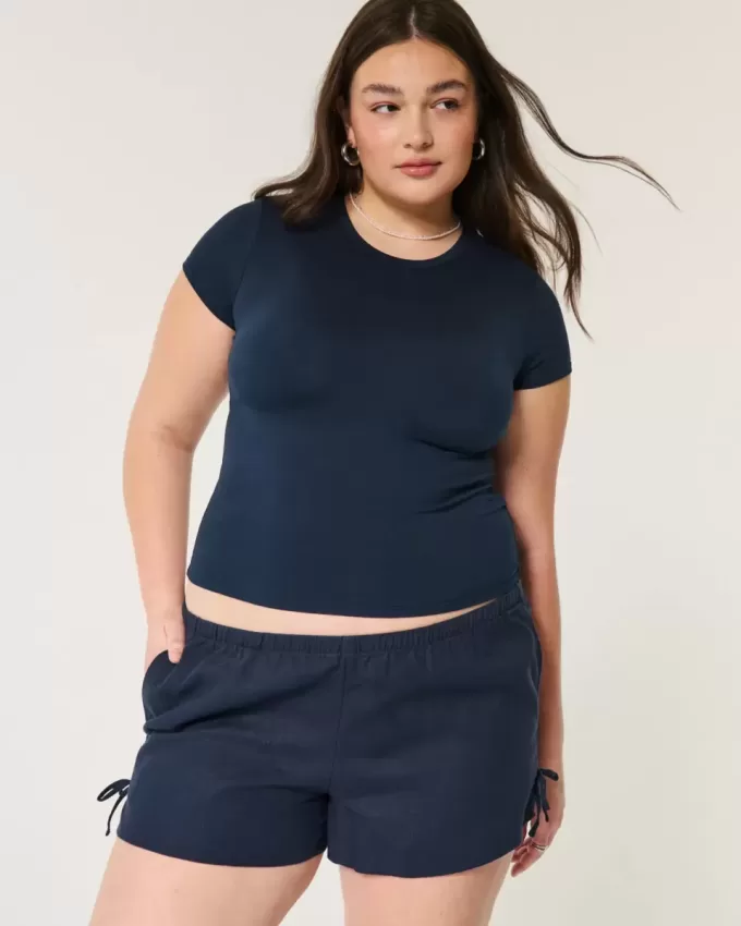 Pantaloni scurți moale cu fundă laterală din amestec de in Pantaloni scurți moale cu fundă laterală din amestec de in