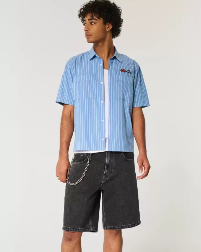 Pantaloni scurți negri largi din denim spălat Pantaloni scurți negri largi din denim spălat