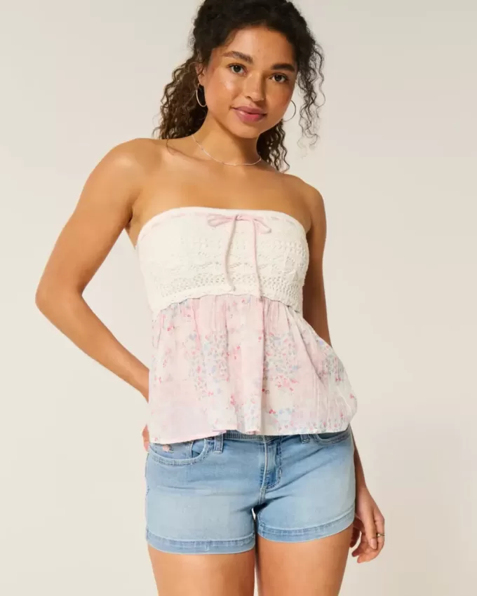 Pantaloni scurti din denim cu talie joasă, cu spalare ușoară, brodate florale Pantaloni scurti din denim cu talie joasă, cu spalare ușoară, brodate florale