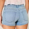 Pantaloni scurti din denim cu talie joasă, cu spalare ușoară, brodate florale Pantaloni scurti din denim cu talie joasă, cu spalare ușoară, brodate florale