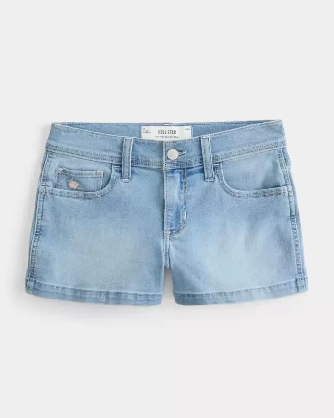 Pantaloni scurti din denim cu talie joasă, cu spalare ușoară, brodate florale Pantaloni scurti din denim cu talie joasă, cu spalare ușoară, brodate florale