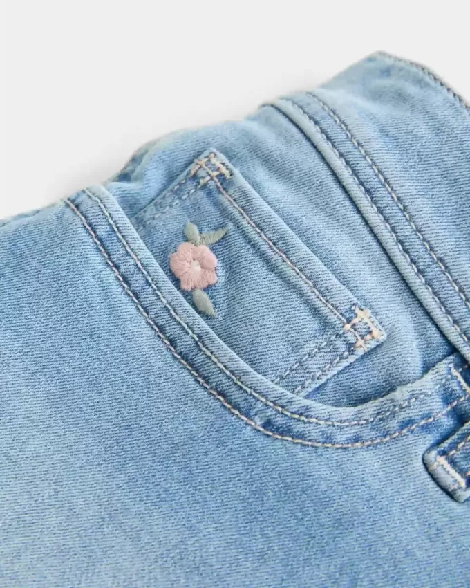 Pantaloni scurti din denim cu talie joasă, cu spalare ușoară, brodate florale Pantaloni scurti din denim cu talie joasă, cu spalare ușoară, brodate florale