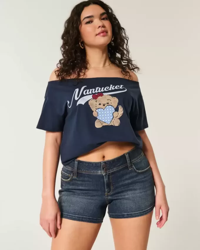 Pantaloni scurti din denim, cu talie joasă, întunecați Pantaloni scurti din denim, cu talie joasă, întunecați