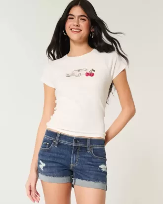 Pantaloni scurti din denim cu talie joasă, rupte, spalate întunecat