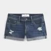Pantaloni scurti din denim cu talie joasă, rupte, spalate întunecat Pantaloni scurti din denim cu talie joasă, rupte, spalate întunecat