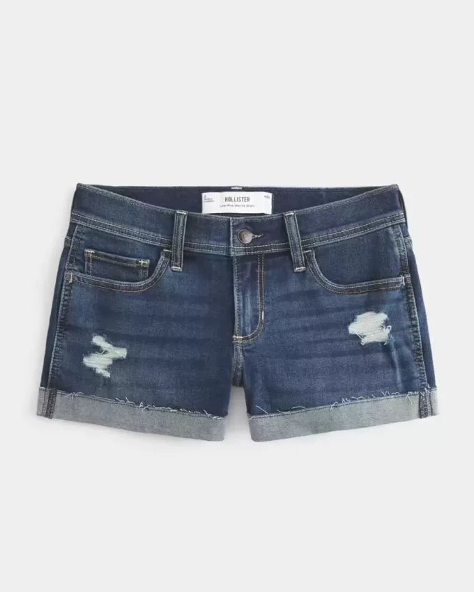 Pantaloni scurti din denim cu talie joasă, rupte, spalate întunecat Pantaloni scurti din denim cu talie joasă, rupte, spalate întunecat