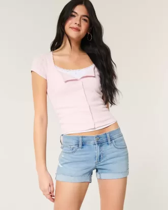 Pantaloni scurti din denim cu talie joasă, rupte, spălate lejer