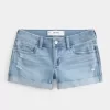 Pantaloni scurti din denim cu talie joasă, rupte, spălate lejer Pantaloni scurti din denim cu talie joasă, rupte, spălate lejer