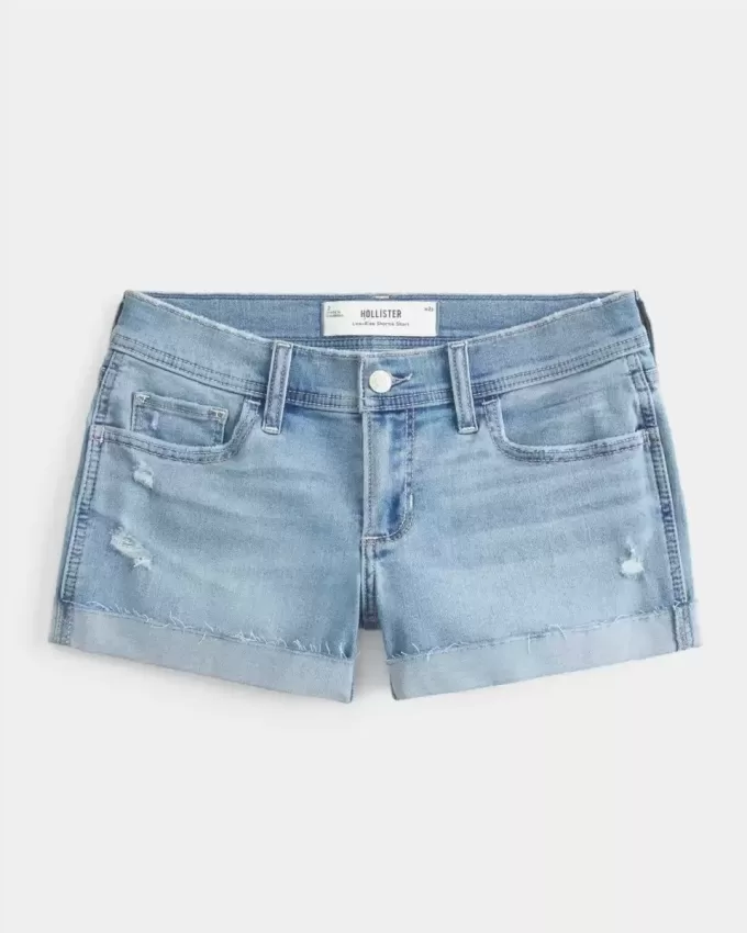 Pantaloni scurti din denim cu talie joasă, rupte, spălate lejer Pantaloni scurti din denim cu talie joasă, rupte, spălate lejer