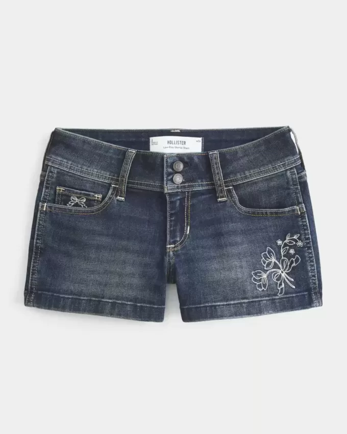Pantaloni scurti din denim, cu talie joasă, spalat la culoare închisă Pantaloni scurti din denim, cu talie joasă, spalat la culoare închisă