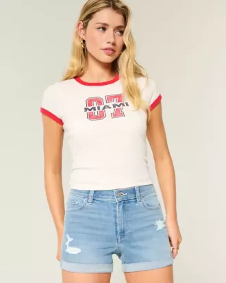 Pantaloni scurti din denim cu talie înaltă, rupte, cu spalare medie