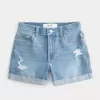 Pantaloni scurti din denim cu talie înaltă, rupte, cu spalare medie Pantaloni scurti din denim cu talie înaltă, rupte, cu spalare medie
