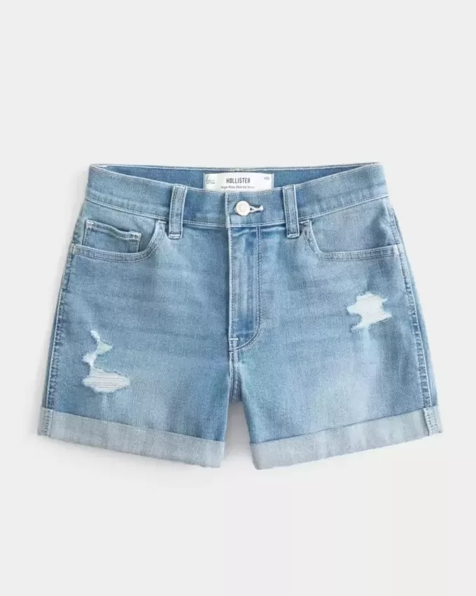 Pantaloni scurti din denim cu talie înaltă, rupte, cu spalare medie Pantaloni scurti din denim cu talie înaltă, rupte, cu spalare medie