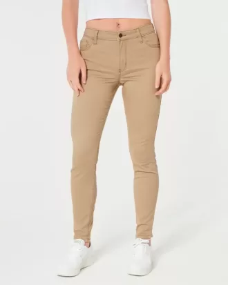 Pantaloni super skinny kaki cu talie mare