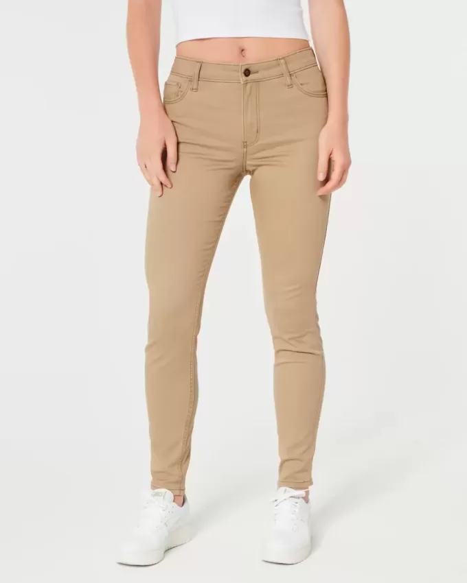 Pantaloni super skinny kaki cu talie mare