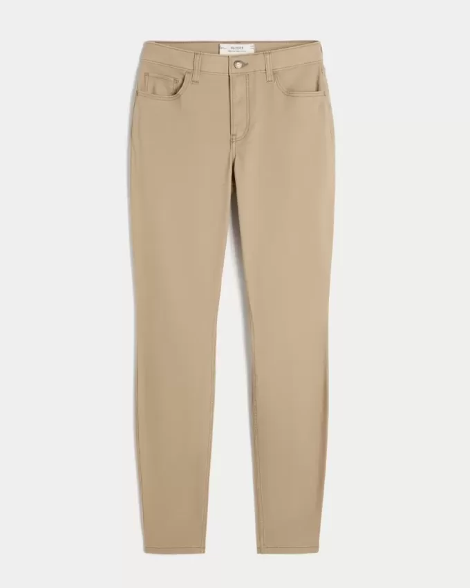 Pantaloni super skinny kaki cu talie mare