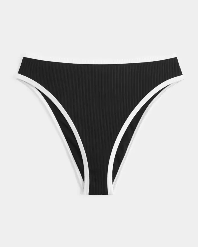 Partea de jos de bikini curbat cu picioare înalte și talie înaltă, cu nervuri Partea de jos de bikini curbat cu picioare înalte și talie înaltă, cu nervuri