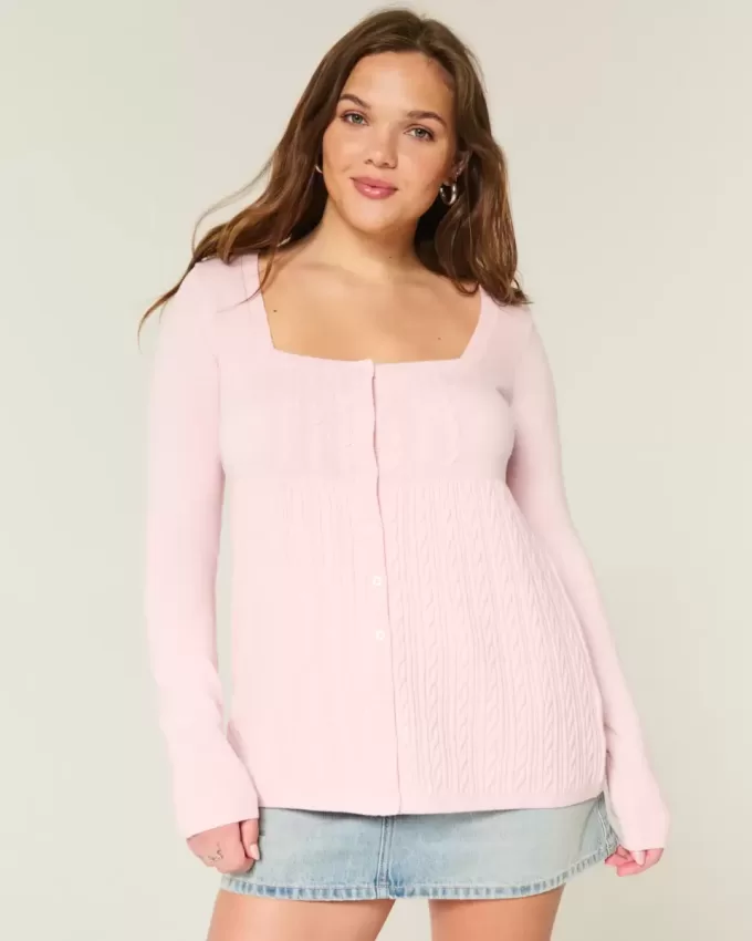 Pulover Babydoll cu mânecă lungă și gât pătrat Pulover Babydoll cu mânecă lungă și gât pătrat