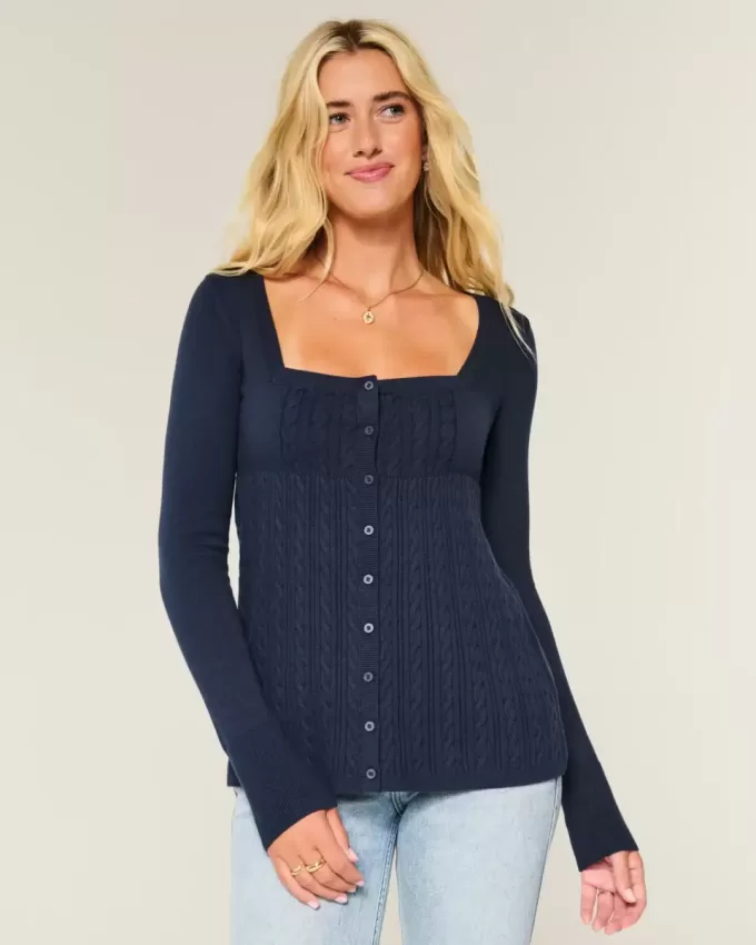 Pulover Babydoll cu mânecă lungă și gât pătrat Pulover Babydoll cu mânecă lungă și gât pătrat