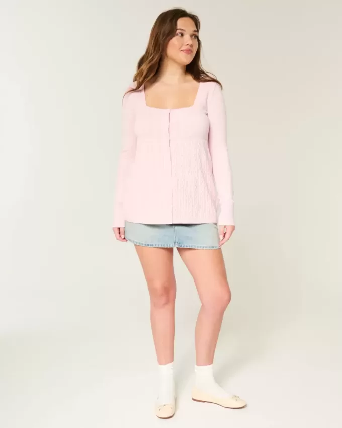 Pulover Babydoll cu mânecă lungă și gât pătrat Pulover Babydoll cu mânecă lungă și gât pătrat