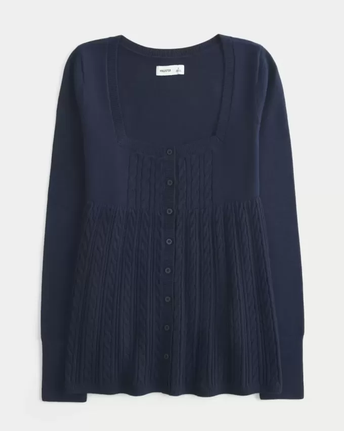 Pulover Babydoll cu mânecă lungă și gât pătrat Pulover Babydoll cu mânecă lungă și gât pătrat