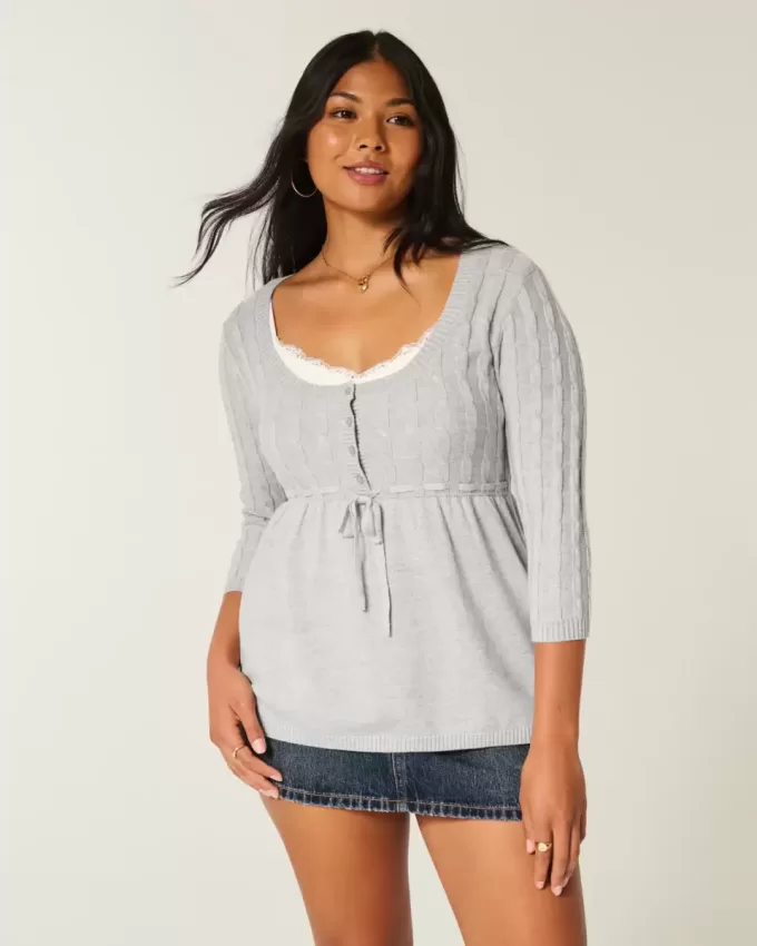 Pulover Babydoll din tricot cablu Pulover Babydoll din tricot cablu