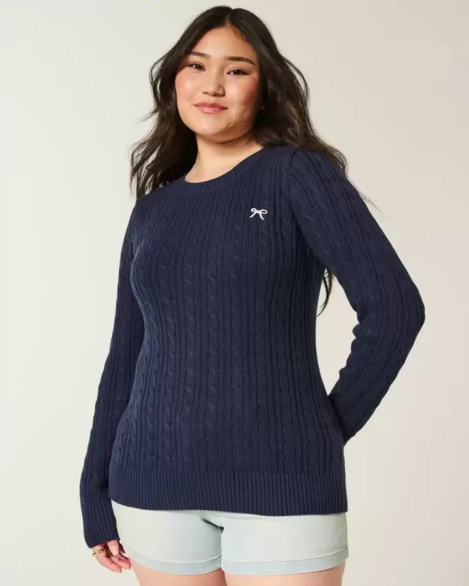 Pulover crew cu fundă din tricot cablu Pulover crew cu fundă din tricot cablu
