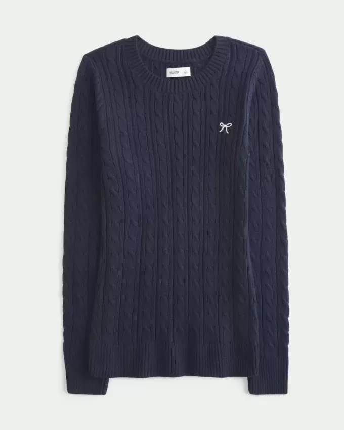 Pulover crew cu fundă din tricot cablu Pulover crew cu fundă din tricot cablu