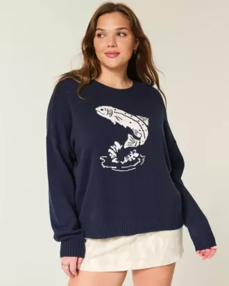Pulover Crew Graphic Fish Jumping Easy