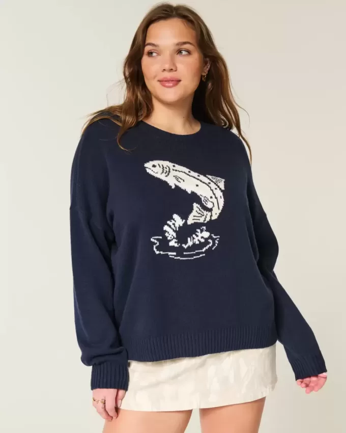 Pulover Crew Graphic Fish Jumping Easy Pulover Crew Graphic Fish Jumping Easy