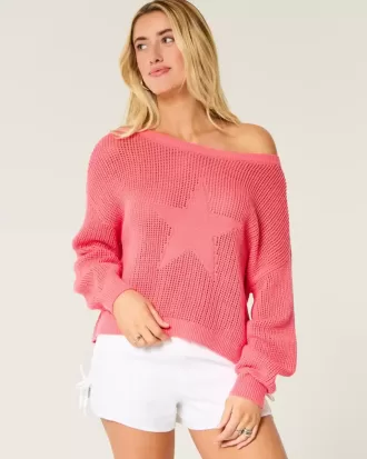 Pulover Crew Slouchy cu grafic ușor și cusut