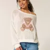 Pulover Crew Slouchy cu grafic ușor și cusut Pulover Crew Slouchy cu grafic ușor și cusut