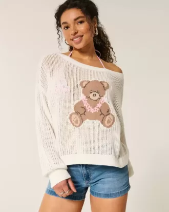 Pulover Crew Slouchy cu grafic ușor și cusut