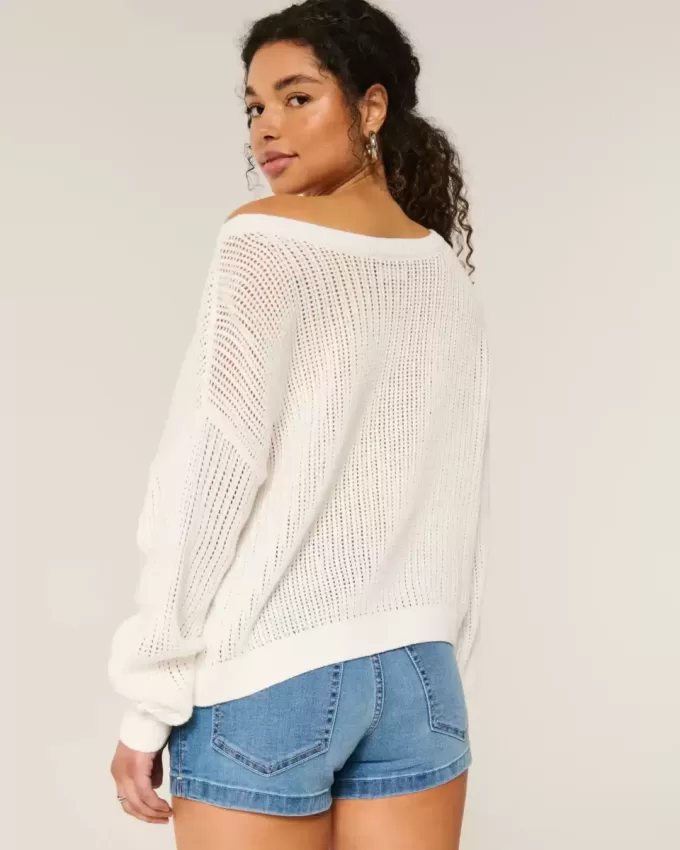 Pulover Crew Slouchy cu grafic ușor și cusut Pulover Crew Slouchy cu grafic ușor și cusut