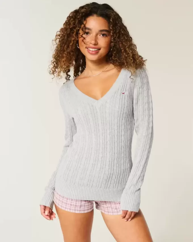 Pulover cu decolteu în V Icon din tricot cablu