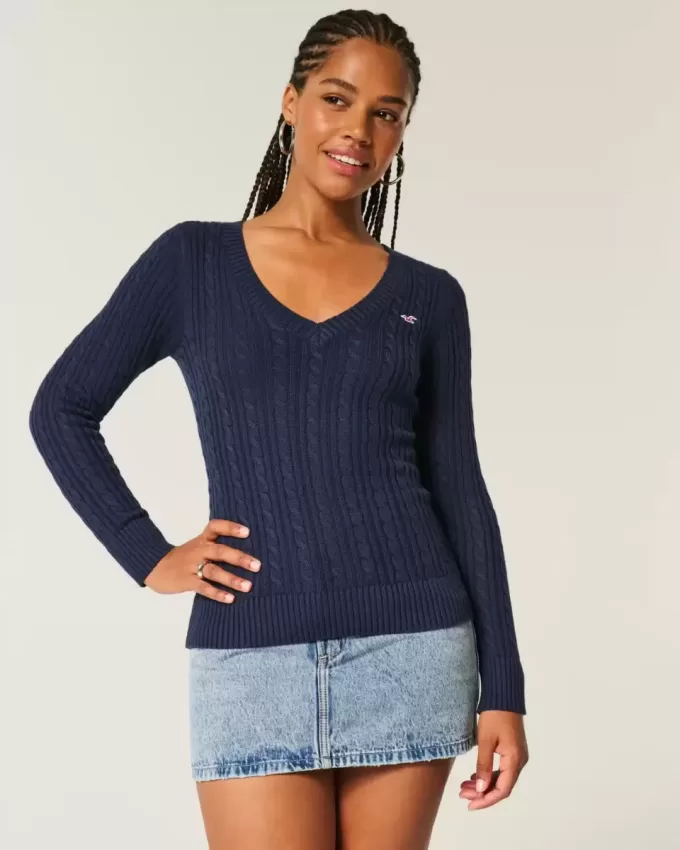 Pulover cu decolteu în V Icon din tricot cablu